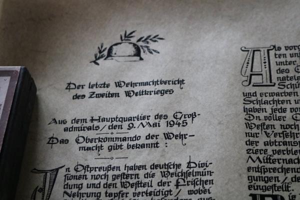 Reprint of the last Wehrmacht report May 9, 1945 by Grand Admiral Dönitz